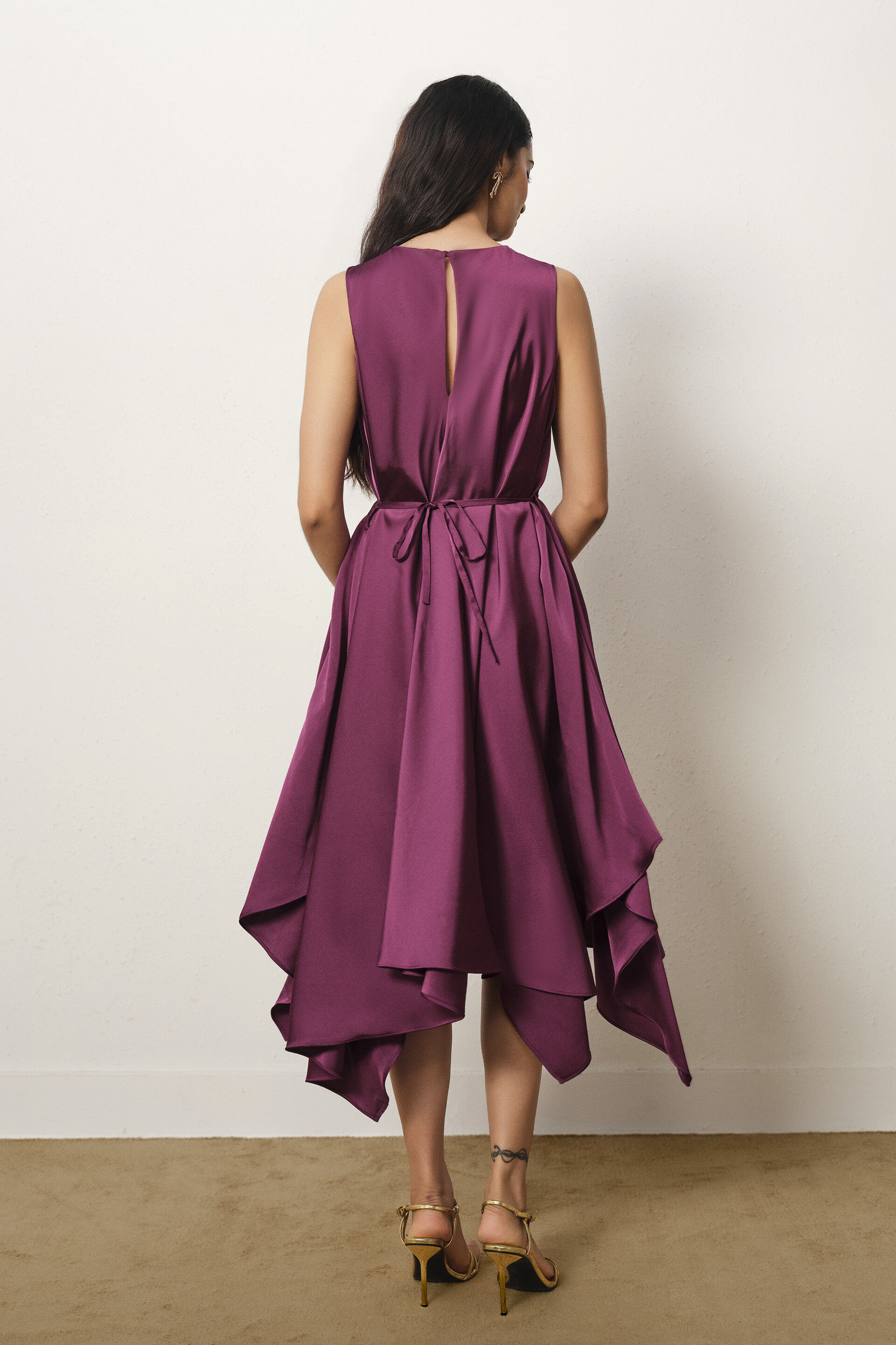 Fit & Flare Satin Dress in Plum, Plum, image 4